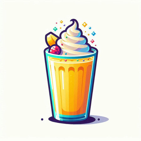 Vector illustration of a glass of milkshake with whipped cream and fruits.のイラスト素材