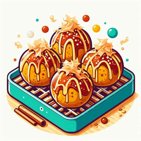 Illustration of a set of sweet cakes in a baking dish.のイラスト素材