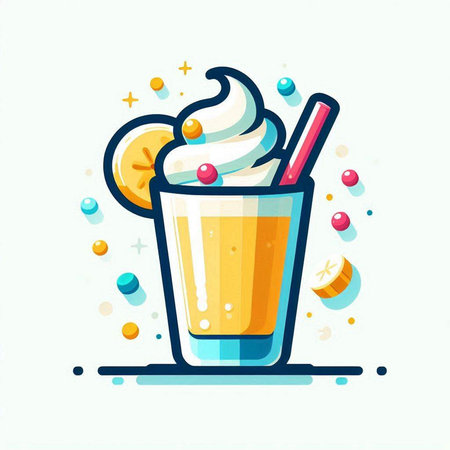 Milkshake with whipped cream and fruits in a glass. Vector illustration.のイラスト素材