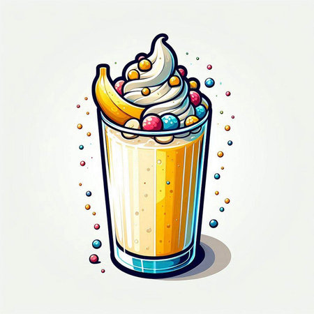 Banana milkshake with whipped cream and candies. Vector illustration.のイラスト素材