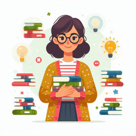 Vector illustration of a girl in glasses holding a pile of books and a light bulbのイラスト素材