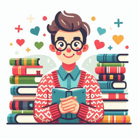Boy in glasses reading a book. Vector illustration in flat style.のイラスト素材