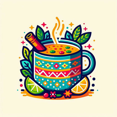 Cup of tea with lemon and cinnamon. Vector illustration in doodle style.のイラスト素材