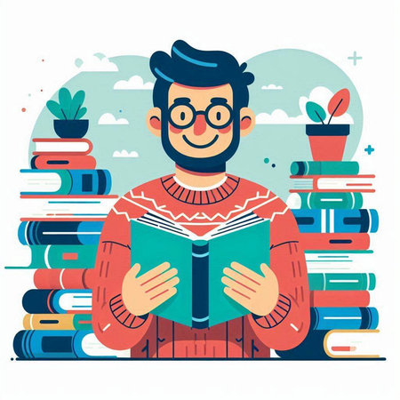 Man reading a book. Education concept. Vector illustration in flat styleのイラスト素材