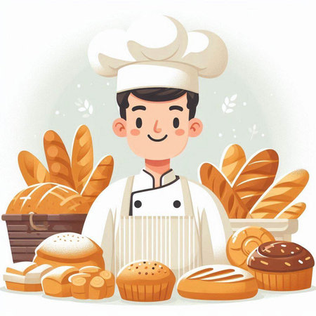 Cartoon vector illustration of a baker with different types of bread.のイラスト素材