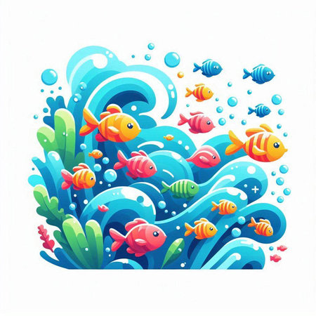 Cute cartoon fish swimming in the sea. Colorful vector illustration.のイラスト素材