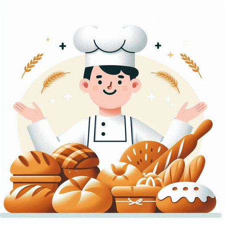 Baker with bread and bakery products. Vector illustration in cartoon style.のイラスト素材