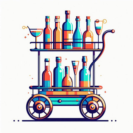 Wine cart with bottles of wine. Vector illustration in flat styleのイラスト素材