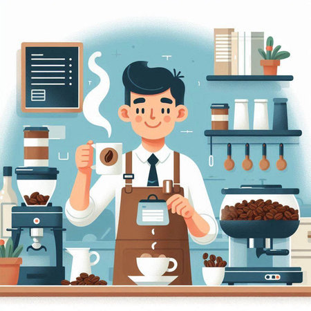 Coffee shop. Barista making coffee in cafe. Vector illustrationのイラスト素材