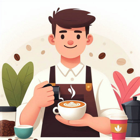 Coffee shop, barista with cup of coffee. Vector illustrationのイラスト素材