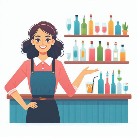 Young woman bartender in apron standing at the bar counter. Vector illustrationのイラスト素材