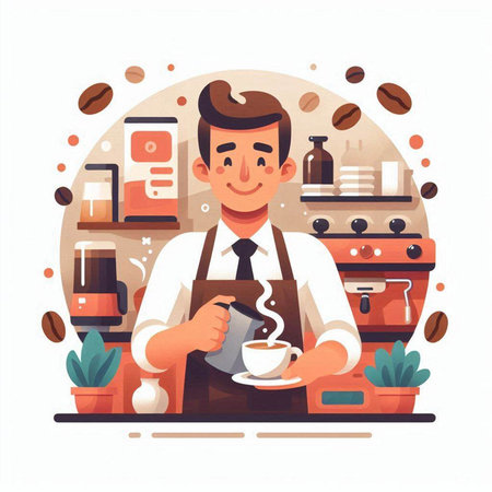 Coffee shop flat vector illustration. Cartoon barista with a cup of coffee.のイラスト素材