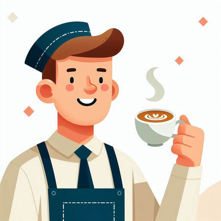 Handsome barista with a cup of coffee. Vector illustration.のイラスト素材