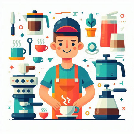Coffee shop concept. Man in apron holding cup of coffee. Vector illustration in flat styleのイラスト素材