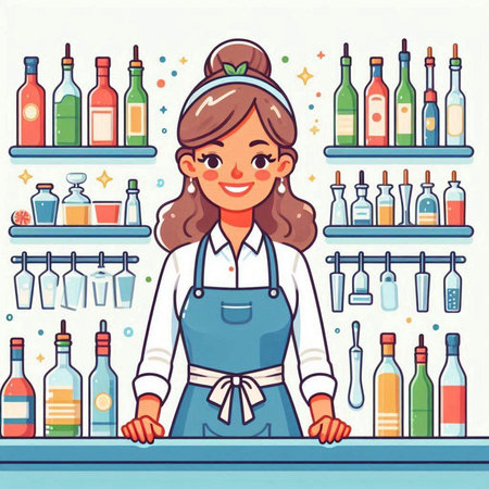 Cute cartoon waitress standing at the bar counter. Vector illustration.のイラスト素材