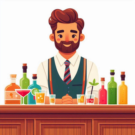 Bartender at the bar counter. Vector illustration in cartoon styleのイラスト素材