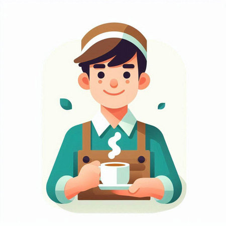 Coffee shop worker with a cup of coffee. Vector flat illustrationのイラスト素材