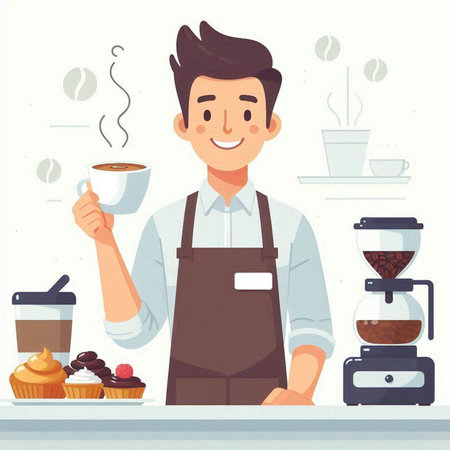 Coffee shop vector illustration. Cartoon barista with cup of coffeeのイラスト素材