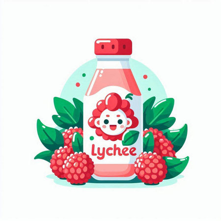 Raspberry milk in a glass bottle. Vector illustration in cartoon style.のイラスト素材
