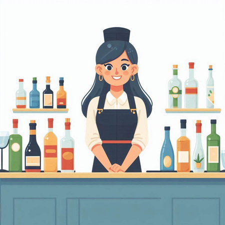 Bartender girl standing at the bar counter. Vector illustration.のイラスト素材