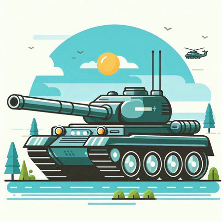 Military tank on the background of the sky. Vector illustration in flat style.のイラスト素材