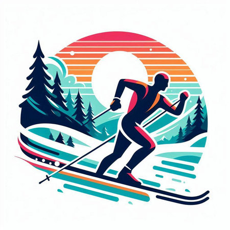 Cross-country skiing in the mountains. Vector illustration of cross-country skiing.のイラスト素材