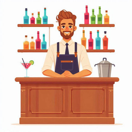 Bartender at the bar counter. Vector illustration in cartoon styleのイラスト素材