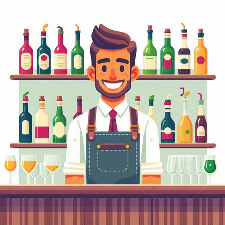 Bartender in apron standing at bar counter. Vector illustrationのイラスト素材