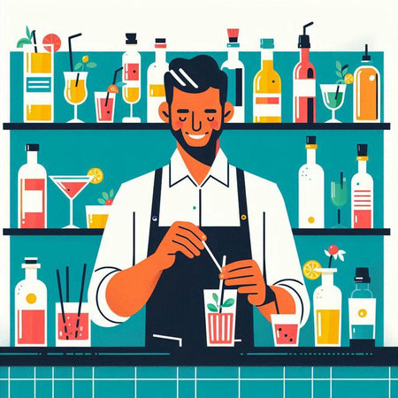 Bartender making cocktail at bar counter, flat vector illustration.のイラスト素材