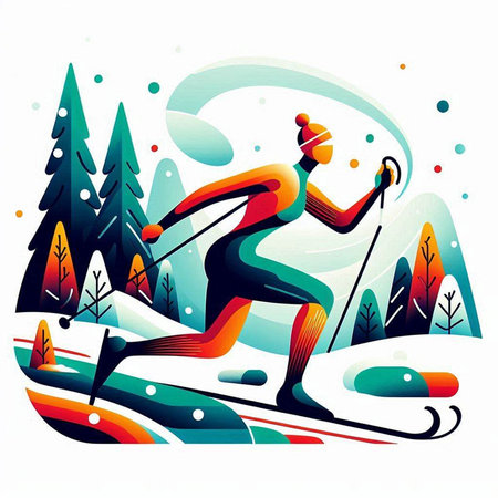 Vector illustration of a man skiing in the mountains. Winter sports.のイラスト素材