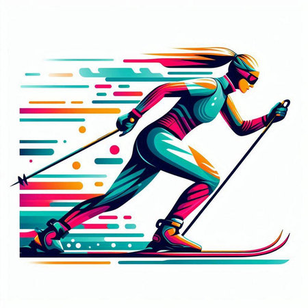 Skiing woman vector illustration. Sportswoman skiing downhill.のイラスト素材