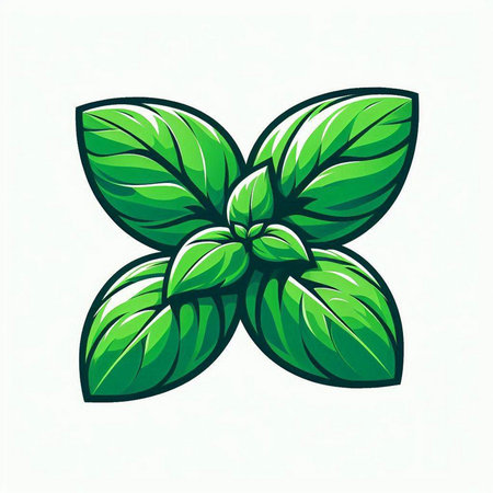 Illustration of a green basil leaf isolated on a white background.のイラスト素材