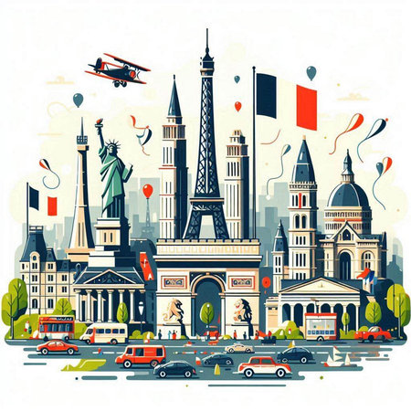 Travel to France. Vector illustration in flat style with famous monuments of the world.のイラスト素材
