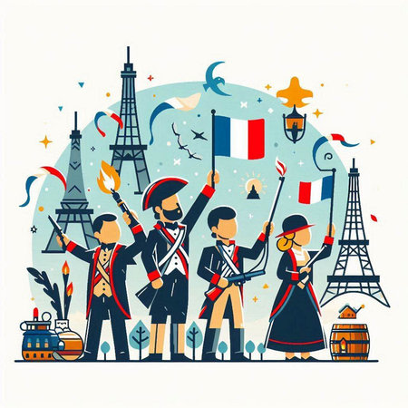 Happy people celebrate France Bastille Day. Vector illustration of a crowd of people celebrating France Bastille Day.のイラスト素材