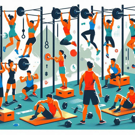 Fitness gym with people lifting weights. Flat style vector illustration.のイラスト素材