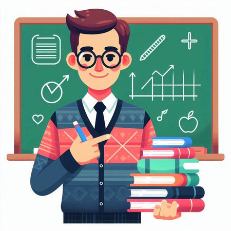 Male teacher in glasses standing near blackboard with pile of books. Vector illustration in cartoon styleのイラスト素材