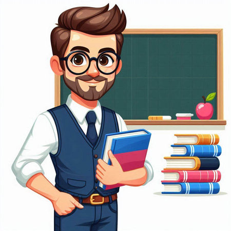 Teacher with books and blackboard on the background. Vector illustration.のイラスト素材