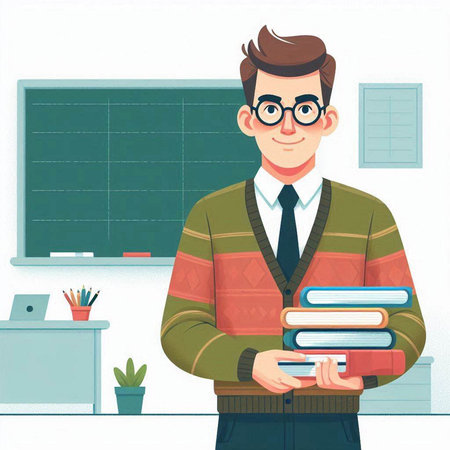Male teacher with books in his hands. Vector illustration in cartoon style.のイラスト素材