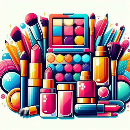 Vector illustration of make up and cosmetic products on a colorful background.のイラスト素材