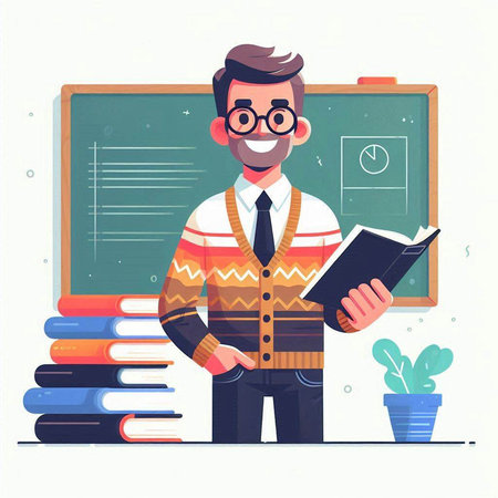 Teacher in front of blackboard. Vector illustration in cartoon styleのイラスト素材