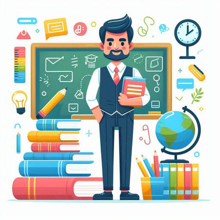 Teacher standing in front of blackboard. Vector illustration on white background.のイラスト素材