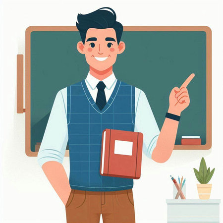 Male teacher standing in front of the blackboard. Vector illustration.のイラスト素材