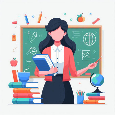 Female teacher standing at the blackboard and holding a book. Vector illustrationのイラスト素材