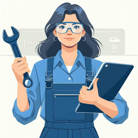 Female mechanic holding a spanner and a tablet computer. Vector illustration.のイラスト素材