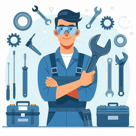 Repairman in uniform with tools. Vector illustration in flat styleのイラスト素材