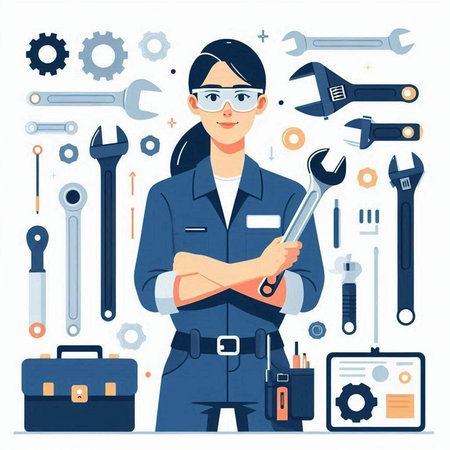 Female mechanic with tools. Mechanic, repairman, worker. Vector illustrationのイラスト素材