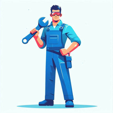 Mechanic in blue overalls holding a wrench. Vector illustration.のイラスト素材