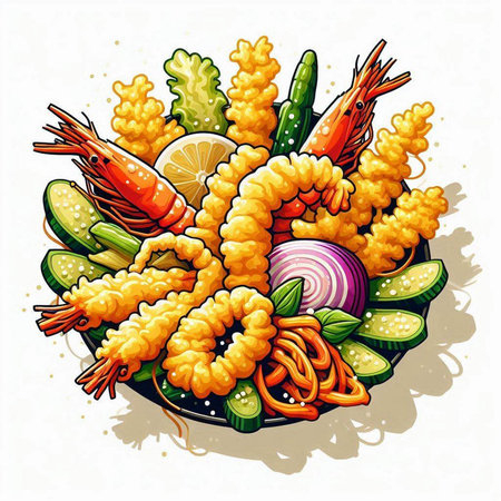 Illustration of a plate of fried shrimps with vegetables.のイラスト素材