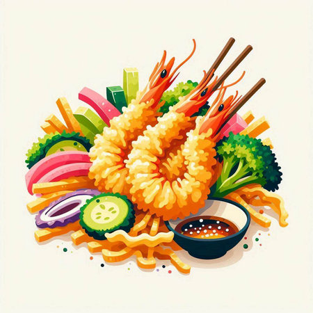 Illustration of shrimps tempura with chopsticks and vegetablesのイラスト素材