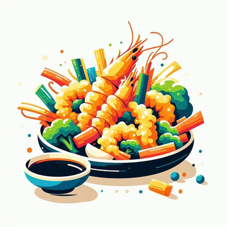 Vector illustration of a bowl of cooked vegetables with soy sauce and chopsticksのイラスト素材